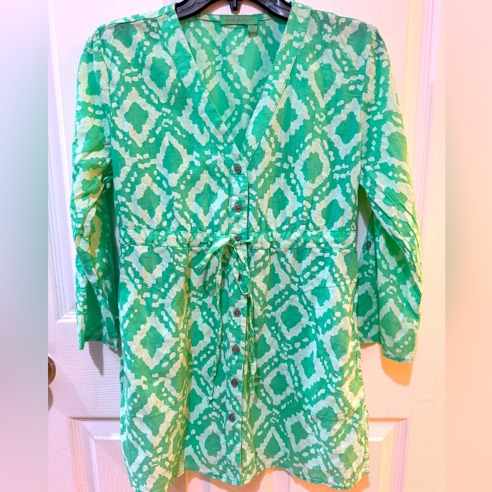 Fresh Produce Vibrant Green Patterned Blouse 100% Cotton w pockets💚